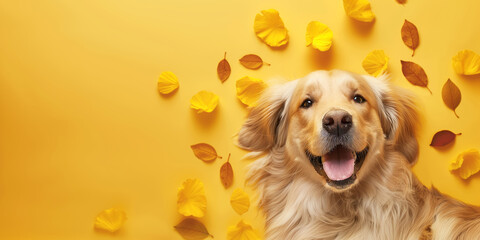 Cute and happy purebred dog, golden retriever on a pastel yellow background. Pet&rsquo;s day and dog&rsquo;s day celebration greeting card. Copy space funny background for animal&rsquo;s day.