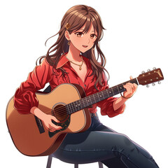 Obraz premium Anime girl in red shirt sitting on a chair and playing a guitar on transparent background.