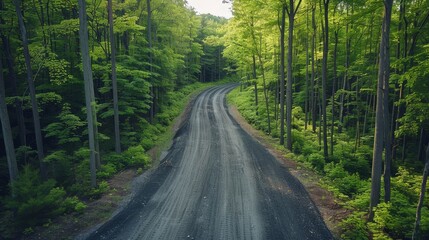 Fototapeta premium Aerial perspective of a forest road using permeable paving, reducing runoff and increasing groundwater recharge, promoting sustainability