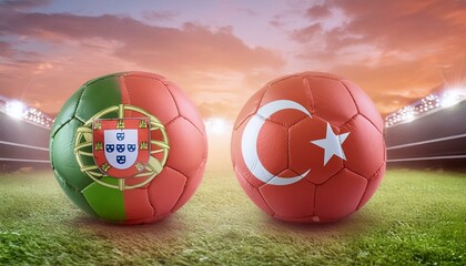 two football balls displaying the vibrant colors of Portugal and Turkey flags, symbolizing the anticipation and excitement of a match between the two nations
