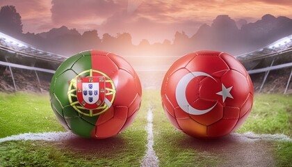 two football balls displaying the vibrant colors of Portugal and Turkey flags, symbolizing the anticipation and excitement of a match between the two nations