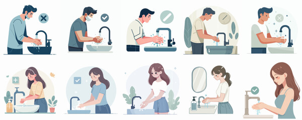 vector set of people washing their hands