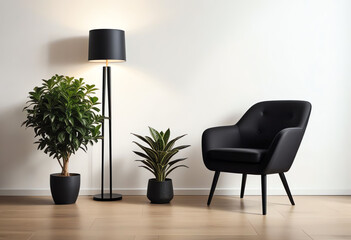 black arm chair interior with lamp and green plant on white wall