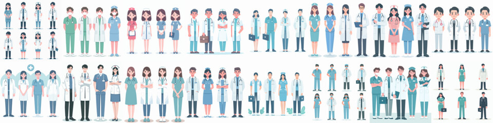 vector set of nurses and doctors in flat design style