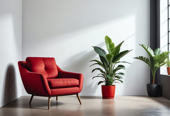 interior furniture with red arm chair and potted plant