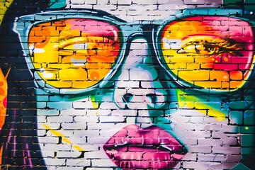 Stylish street graffiti with the face of a woman in sunglasses