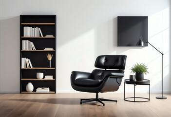 study room interior with black chair and book shelf