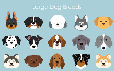 Simple and adorable large dog breeds faces illustration set