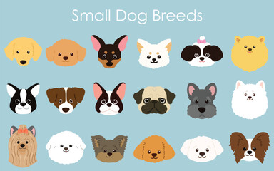 Simple and adorable small dog breeds faces illustration set