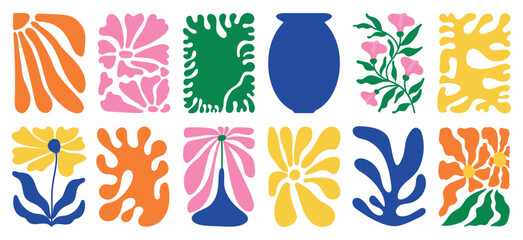 Botanical doodle background art vector set. Flower and leaves abstract shape doodle art design for print, wallpaper, clipart, wall art for home decoration.