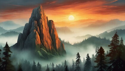 Majestic mountain sunrise over misty forest landscape