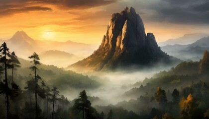 Majestic mountain sunrise over misty forest landscape