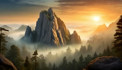 Majestic mountain sunrise over misty forest landscape