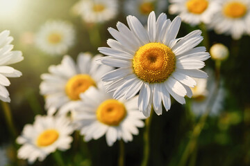 Fototapeta premium Daisies or chamomile flowers in a field. Shallow depth of field