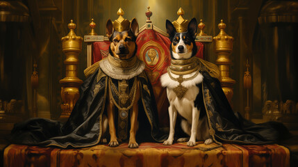 Ironic animal 3D portrait, German shepherd, Dog, Art, Feline, King. AT THE COURT OF THE GERMAN SHEPHERDS! Three-dimensional illustration of 2 crouching royal pets surrounded by their riches