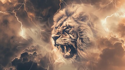 Roaring Lion Double Exposure with Dramatic Lightning Storm Background
