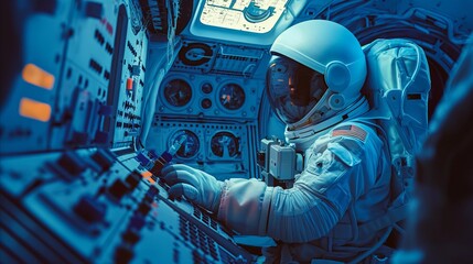 An astronaut in a shuttle cabin