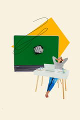 Vertical composite artwork collage image of positive girl huge fist break through laptop screen...