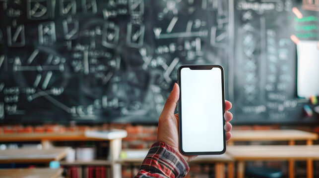 Hand holding smartphone with blank screen in front of blurry chalkboard filled with mathematical equations
