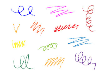 Hand drawn vector crayon various lines and doodles. Multi colored rough highlighters, chalk strokes, pencil dividers. Curly lines.