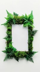 Frame made of moss and ferns around square white paper