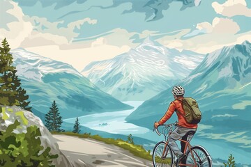 Fototapeta premium Digital drawing of a person biking along a picturesque mountain landscape