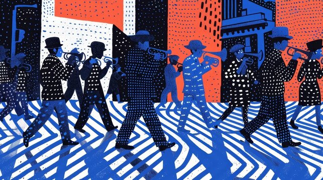 Marching band performing in a Juneteenth parade, lively and colorful, urban street background, Radiant and luminous hues,Retro-Futurism,Ethereal,Photorealistic Mockups , ,