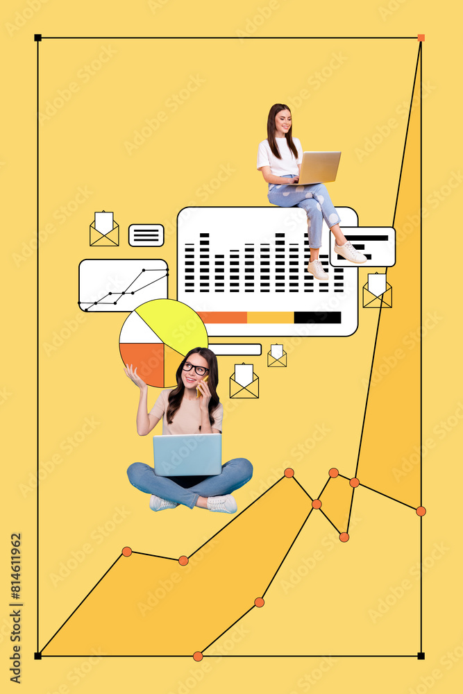 Poster vertical composite artwork collage image of two girl use netbook speak phone isolated on creative ba