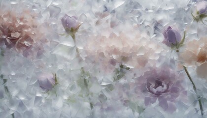 Frozen pink flowers under the ice surface as background. 
Pale pastel colours. 
