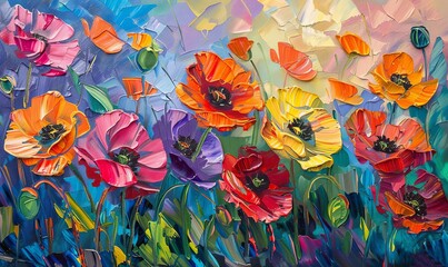 Abstract oil painting of colorful poppies in the meadow