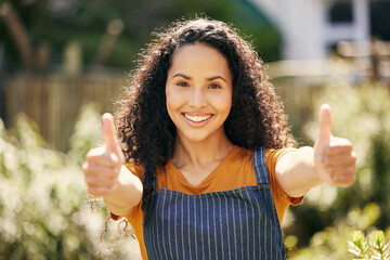 Thumbs up, florist and portrait of woman in garden for success, support or feedback for agreement....