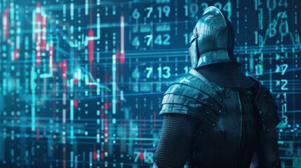 A knight in armor standing before a digital display of rising stock graphs, blending past and future