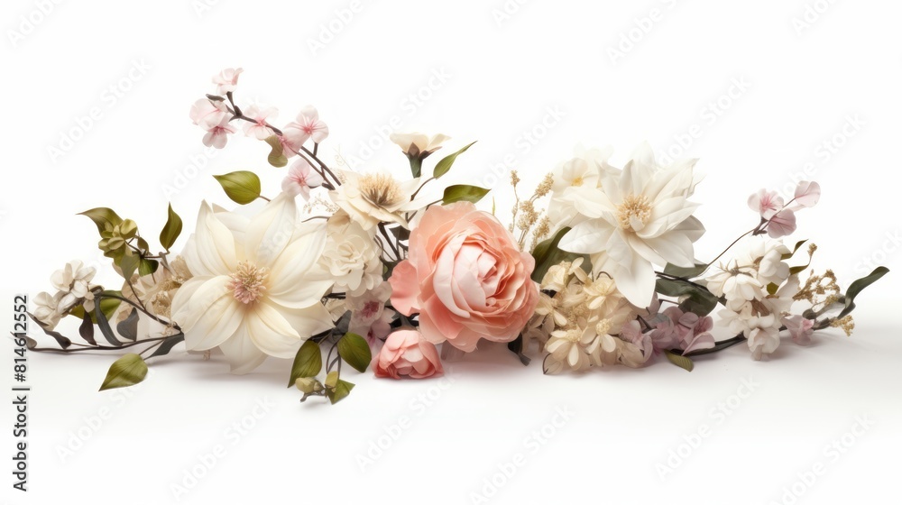Poster Generative AI An elegant display of seasonal blooms artistically composed on a white background, providing a blank canvas for customizable texts or branding elements. photorealistic