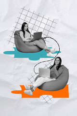 Creative collage of girl coworkers internet connection sit beanbag together bizarre unusual fantasy...