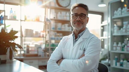 A man in a lab coat is standing in front of a counter in a laboratory setting. - Powered by Adobe