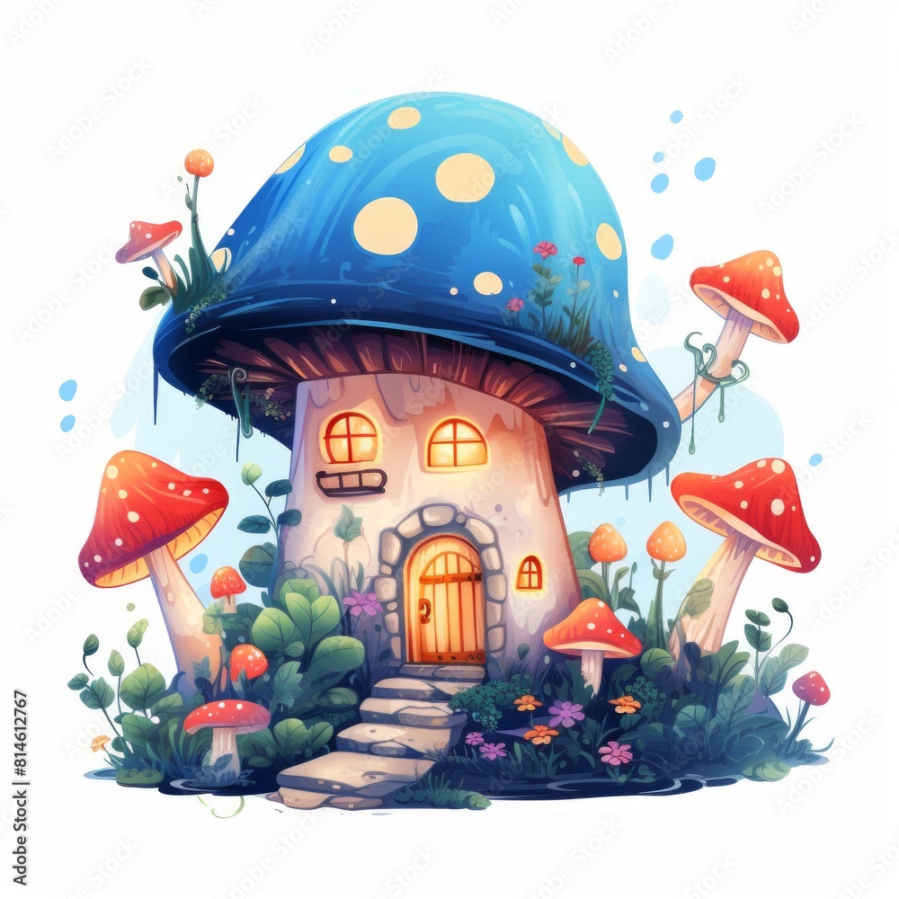Poster generative ai an enchanting cottage adorned with fairy lights and surrounded by whimsical mushrooms.