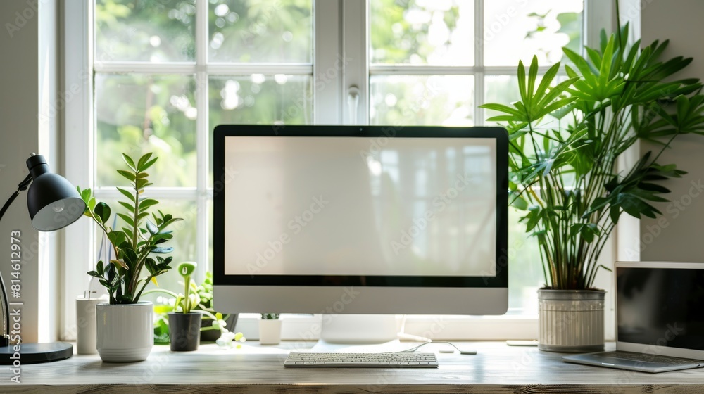 Canvas Prints Mockup frame of a stylish coworking interior with PC monitors on tables and windows.