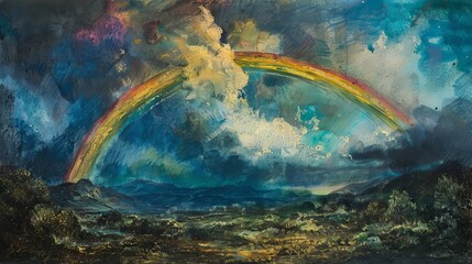 A painting of a rainbow with clouds in the background