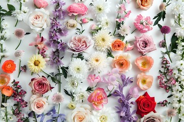 Creative layout made of various flowers. Flat lay delicate colors bouquet