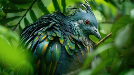 Obraz premium Captivating close-up of an unusual Nicobar pigeon hidden amidst the lush greenery of the tropical rainforest, its intricate plumage adding to its mysterious allure.