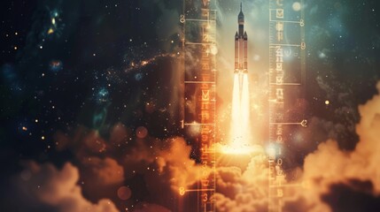 A rocket is launching into the sky, surrounded by fluffy clouds. The powerful flames propel the rocket upwards as it begins its journey into space.