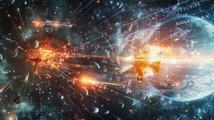 Fototapeta premium A space battle with a planet in the background. The planet is labeled Aufolx. The battle is taking place in a galaxy far away