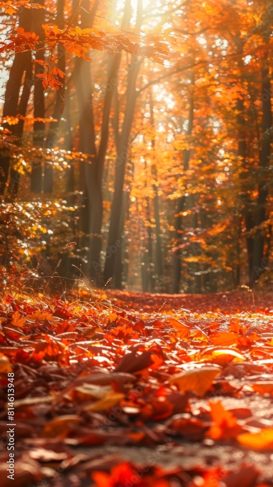 Poster a forest with a path through it and leaves on the ground. the leaves are orange and the sun is shini
