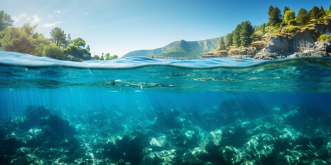 Split underwater view with sunny sky and seren. AI-Generated Image