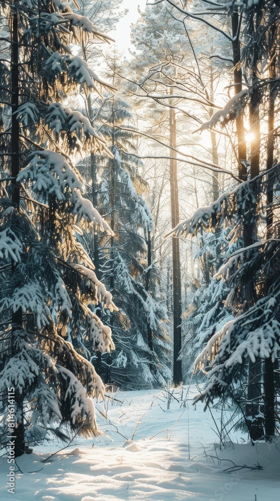 Poster A snowy forest with trees covered in snow. The sun is shining through the trees, creating a warm and peaceful atmosphere