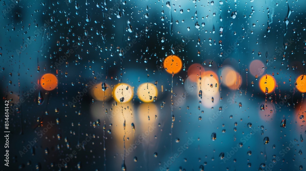 Aufkleber rain drops are seen on a window, with blurred lights in the background. the drops form a pattern as 