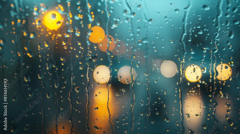 Poster rain drops are seen streaming down a window, with street lights visible in the background. the rain 