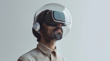 Woman wearing a virtual reality headset on white background