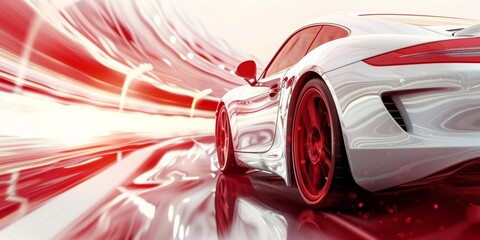 White sports car speeding with dynamic red motion blur background