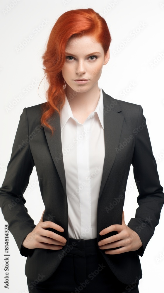 Poster generative ai red-haired woman in a suit on a white background dynamic pose wide shot
